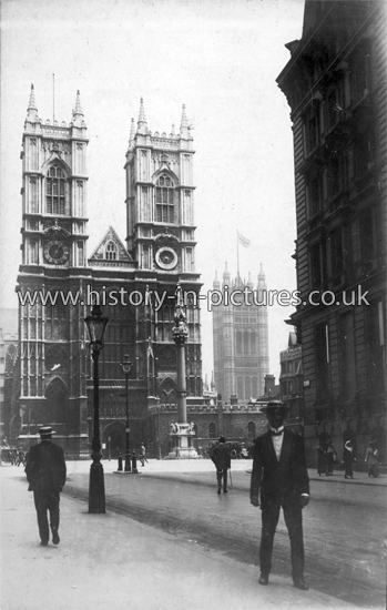 Westminster Abbey with Tower of House of Parliament in background, Westminster, London. c.1905.